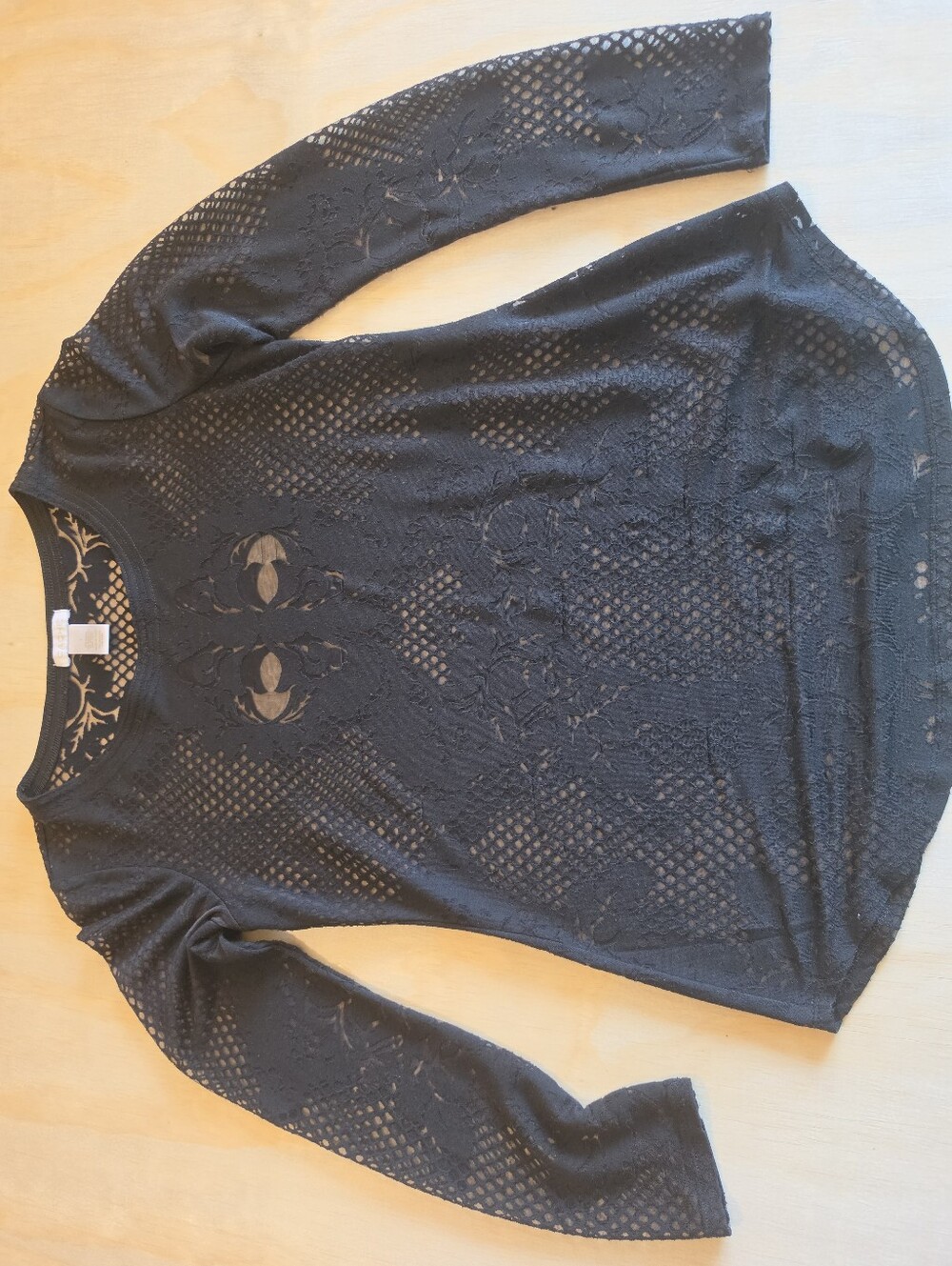 Cache Black Sheer Lace Burnout Floral Long Sleeve Top Size S